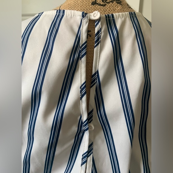 Blue and White Striped Jumpsuit with Ruffled Shoulders and Tie Waist - Picture 6 of 13